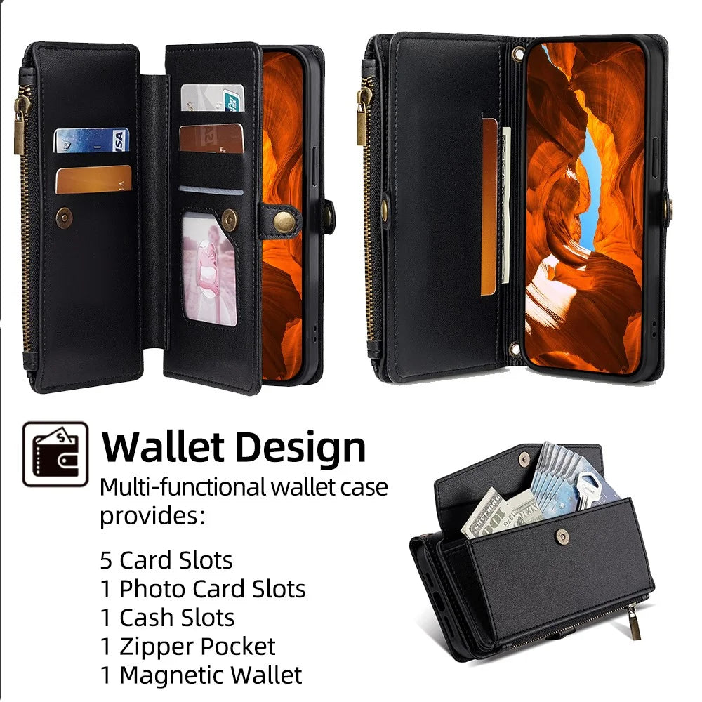 For Infinix Note 40 Pro 4G Case Zipper Pocket Flip Leather Phone Cover with 2 Straps - Black - 4