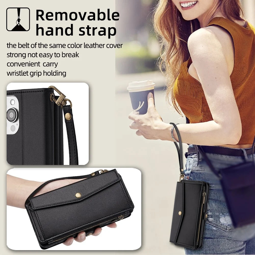 For Infinix Note 40 Pro 4G Case Zipper Pocket Flip Leather Phone Cover with 2 Straps - Black - 5