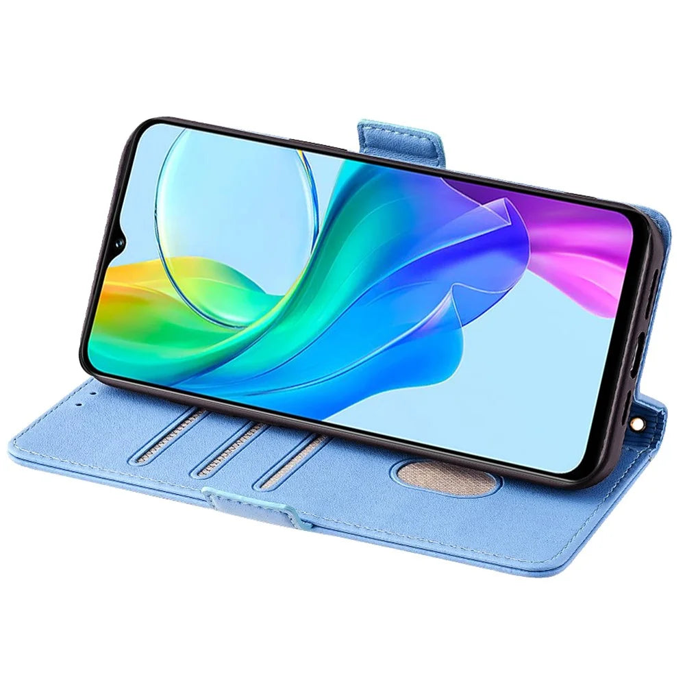 For vivo Y03 Wallet Case PU Leather Card Slots Flip Phone Cover with Crossbody Strap - Blue - 3
