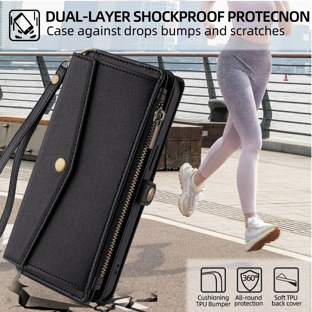 For TCL 505 Case Card Holder Zipper Wallet Folding Stand Leather Phone Cover with 2 Straps - Black - 7