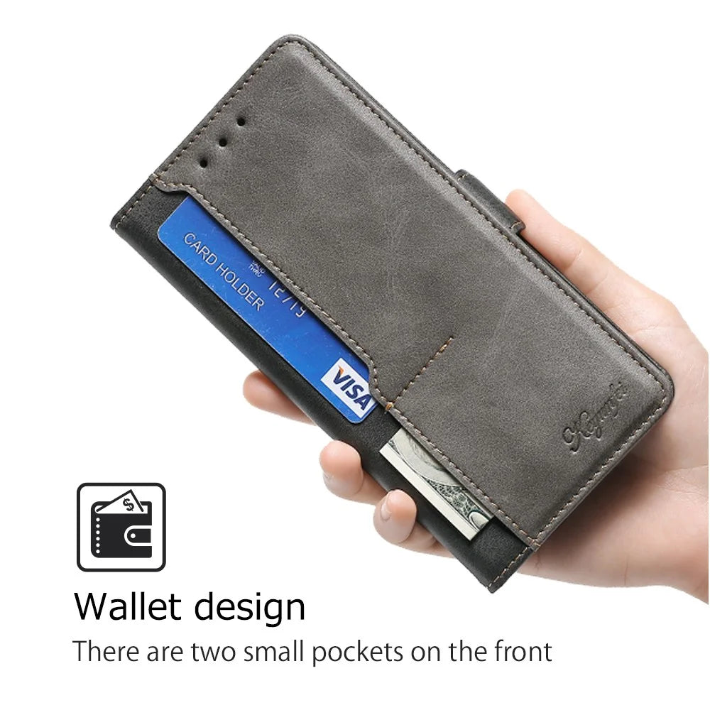 For itel P55+   Phone Case Leather Wallet Dual Color Splicing Phone Cover - Black+Grey - 5