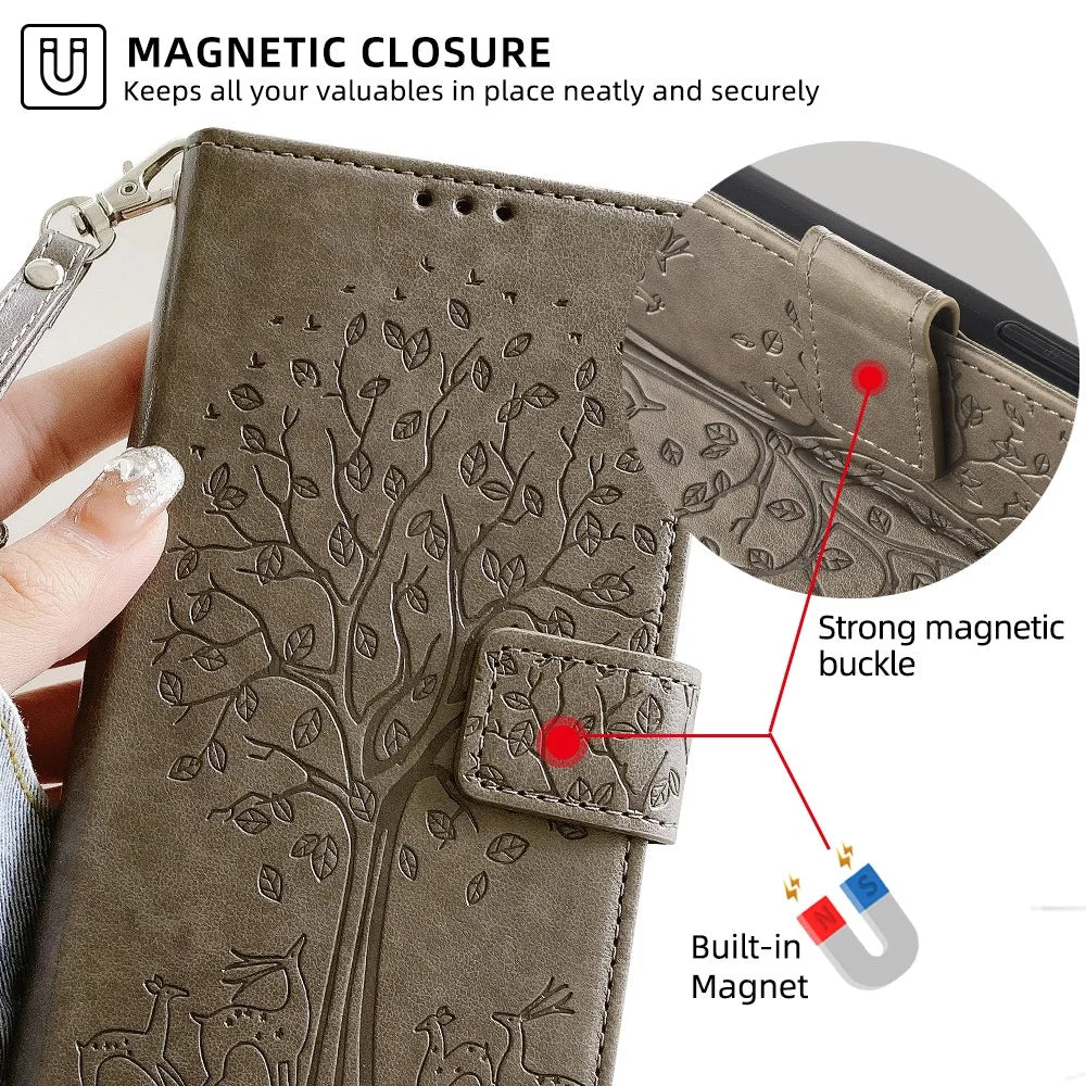 For TCL 50 SE Wallet Case PU Leather Deer Tree Pattern Phone Cover   - Grey - 6