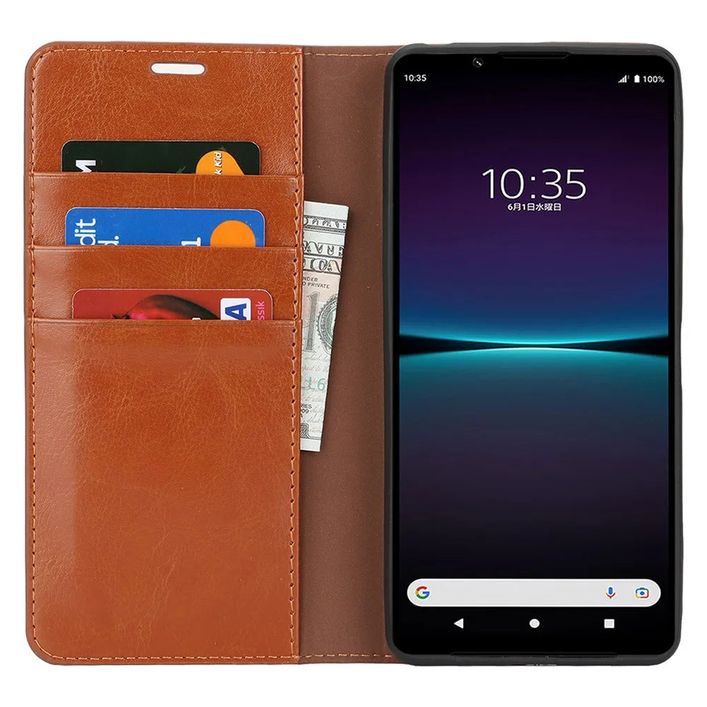 For Sony Xperia 1 VI Case Split Leather Wallet Card Slots Phone Cover Crazy Horse Texture - Light Brown - 2