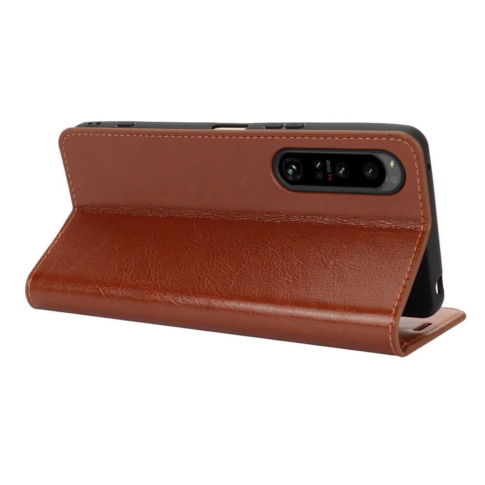 For Sony Xperia 1 VI Case Split Leather Wallet Card Slots Phone Cover Crazy Horse Texture - Light Brown - 4