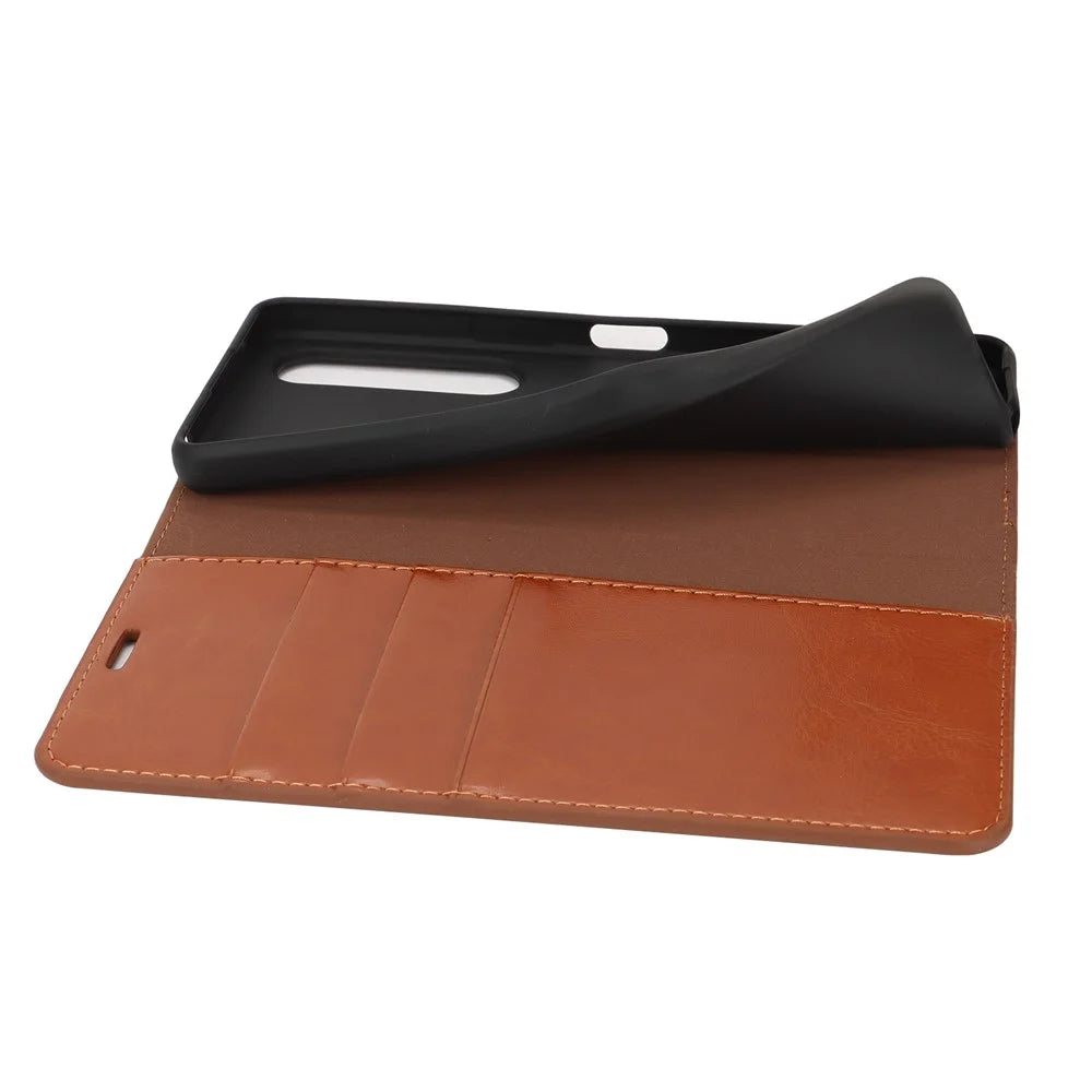 For Sony Xperia 1 VI Case Split Leather Wallet Card Slots Phone Cover Crazy Horse Texture - Light Brown - 5