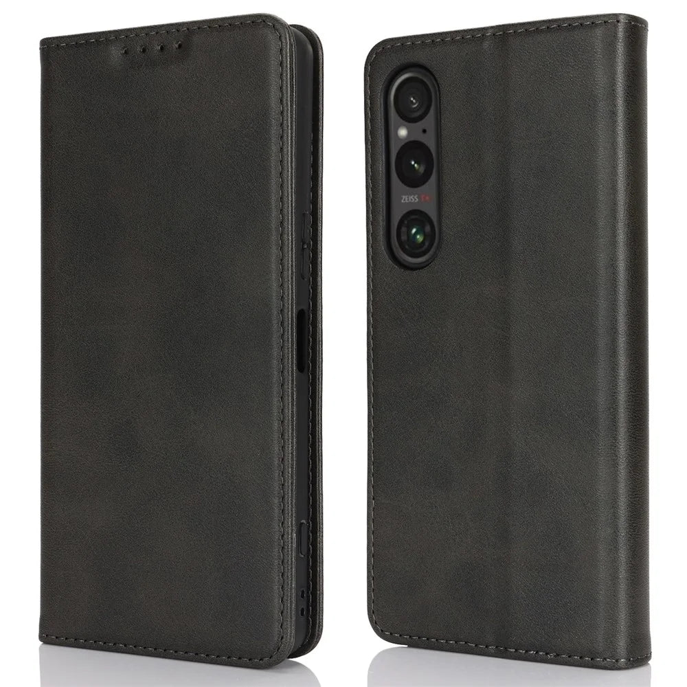 For Sony Xperia 1 VI Case PU Leather Wallet Stand Magnetic Closing Phone Cover - Black - 1