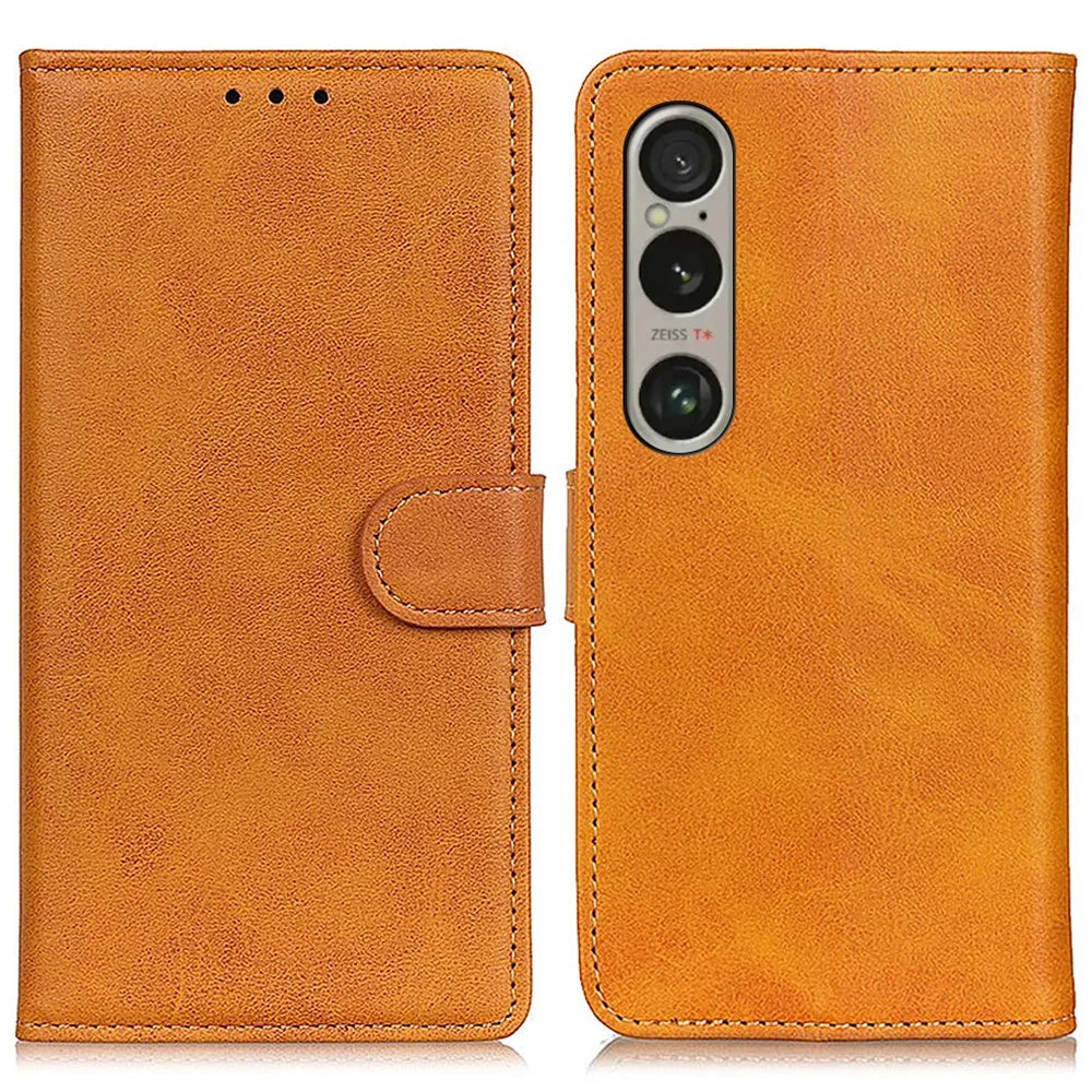 For Sony Xperia 1 VI Cell Phone Case Cowhide Texture Leather Wallet Full Protection Cover - Brown - 1