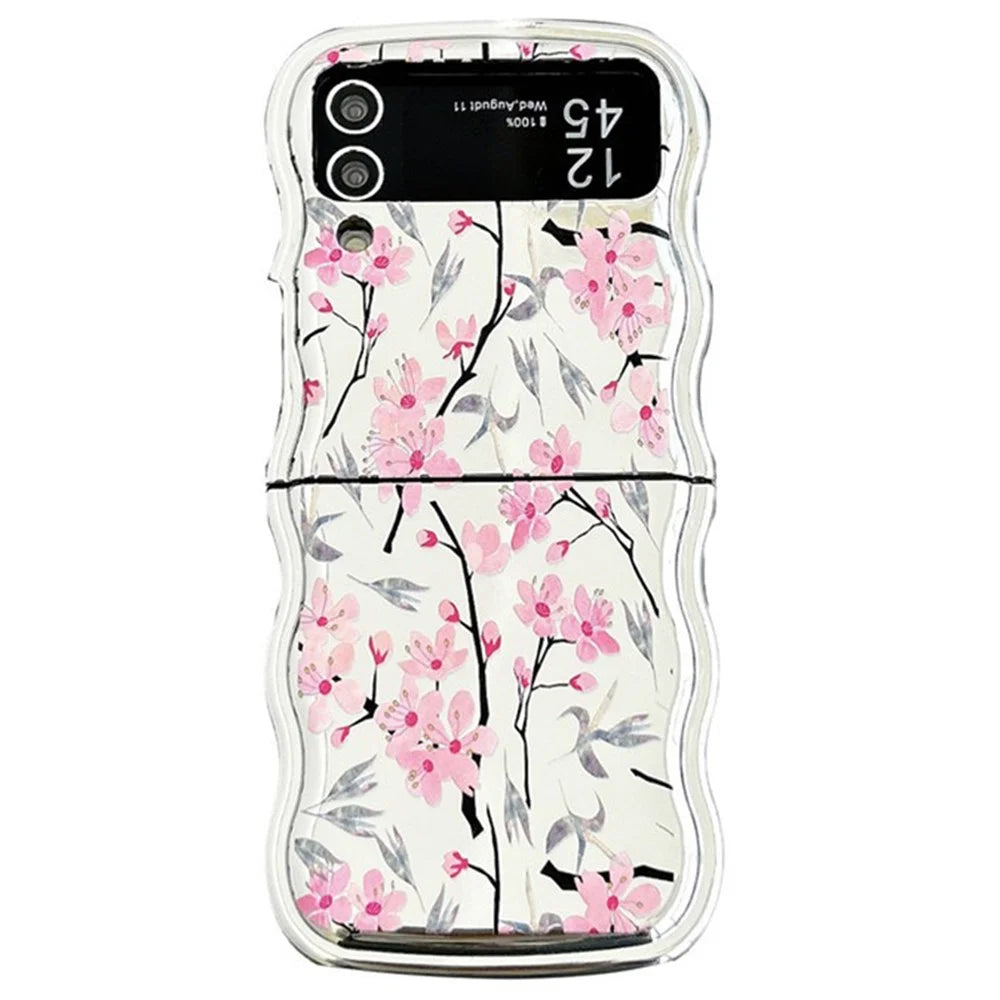 For Samsung Galaxy Z Flip3 5G Case Flower Pattern Electroplated Wavy Edge Soft TPU Phone Cover - Leaf and Flower - 1