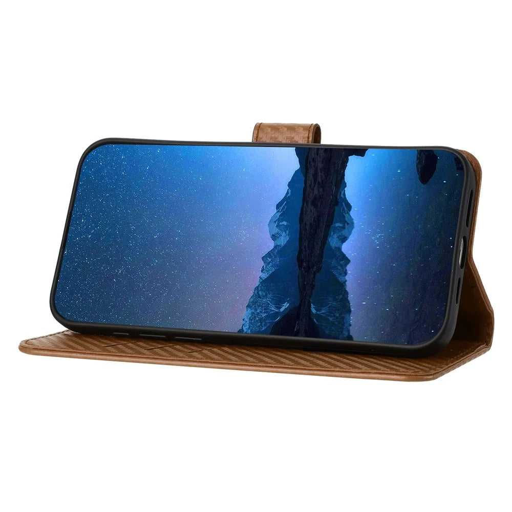 YX0070 For Samsung Galaxy A14 4G / 5G Leather Case Carbon Fiber Texture Flip Phone Cover - Coffee - 3