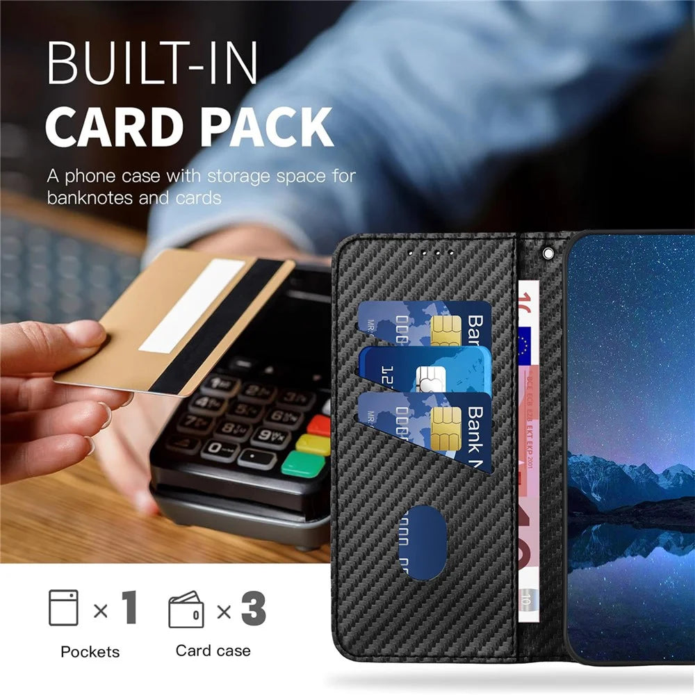 YX0070 For Samsung Galaxy A34 5G Case PU Leather Carbon Fiber Texture Cash Pocket Phone Cover - Black - 6