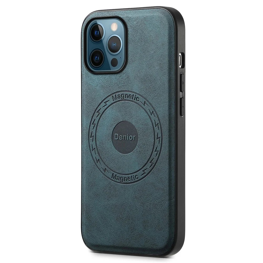 DENIOR A11 For iPhone 12 Pro Max Case Retro PU+PC+TPU Phone Cover Compatible with MagSafe - Blue - 1