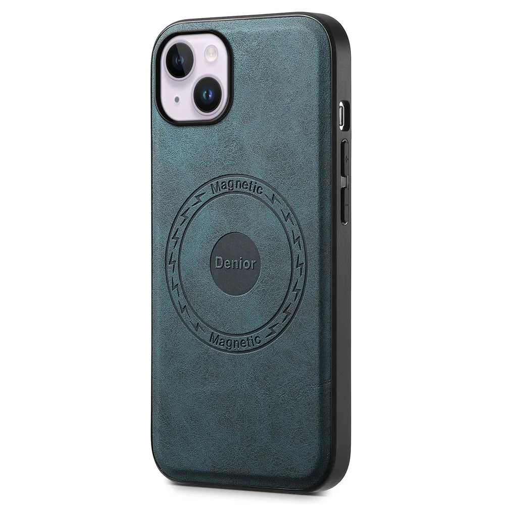 DENIOR A11 For iPhone 14 Plus Case Retro PU+PC+TPU Phone Cover Compatible with MagSafe - Blue - 1