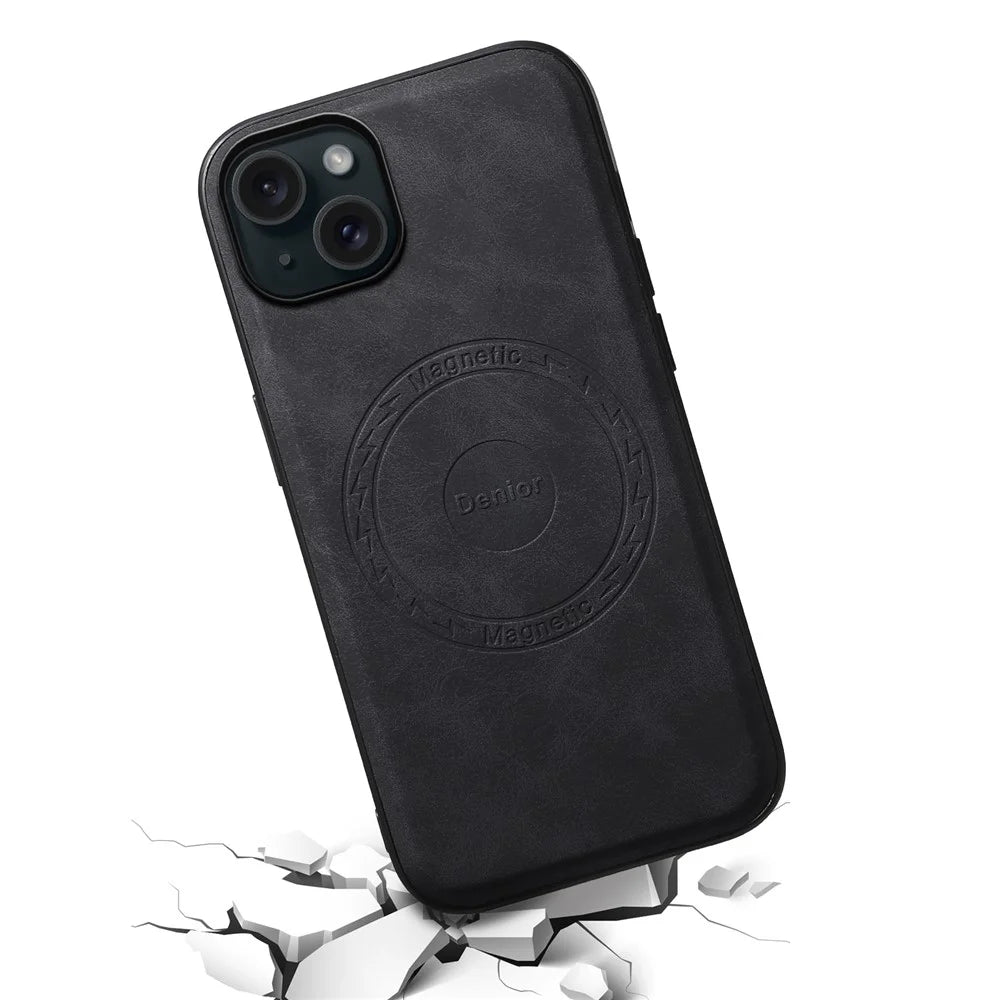 DENIOR A11 For iPhone 15 Magnetic Phone Case Leather Coated PC+TPU Hybrid Cover - Black - 3