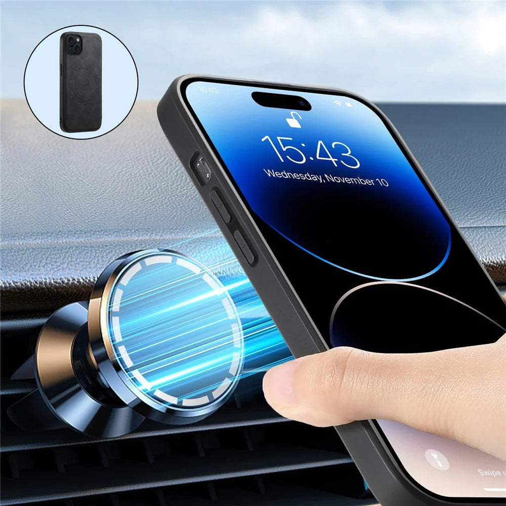 DENIOR A11 For iPhone 15 Magnetic Phone Case Leather Coated PC+TPU Hybrid Cover - Black - 4