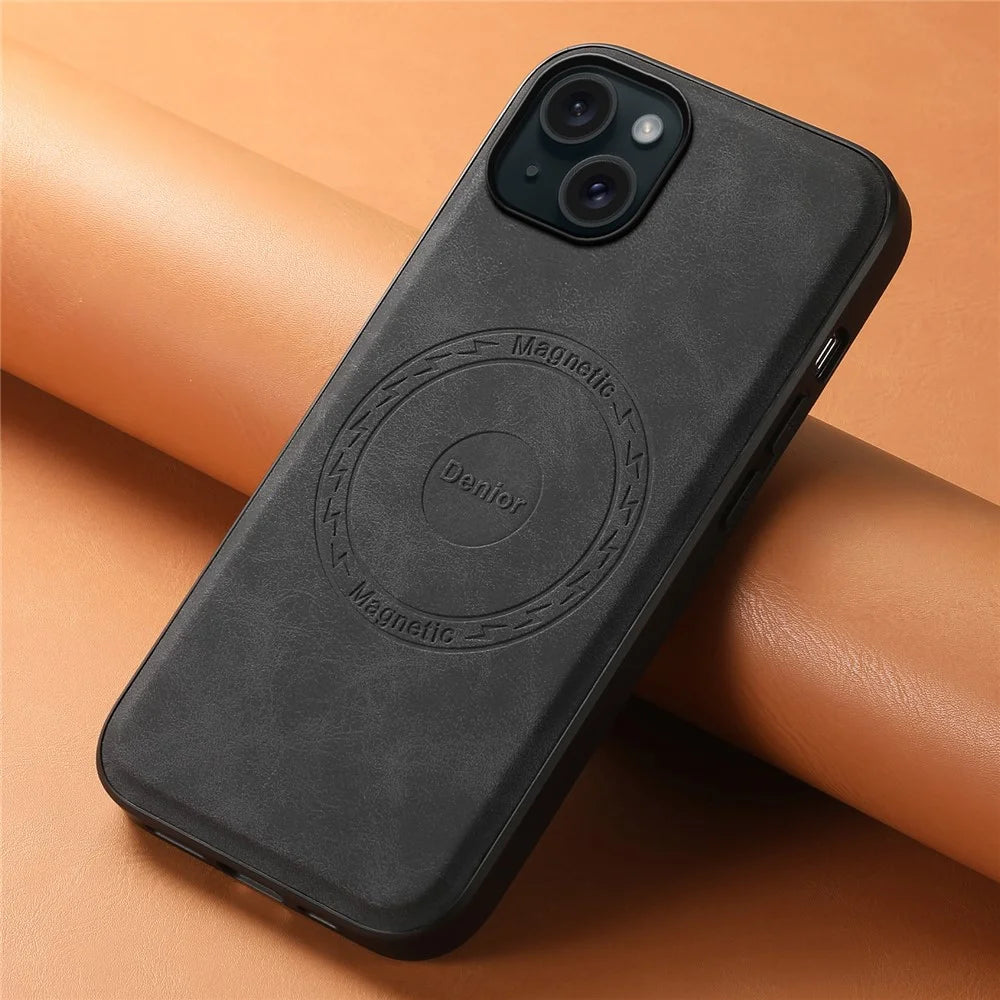 DENIOR A11 For iPhone 15 Magnetic Phone Case Leather Coated PC+TPU Hybrid Cover - Black - 5
