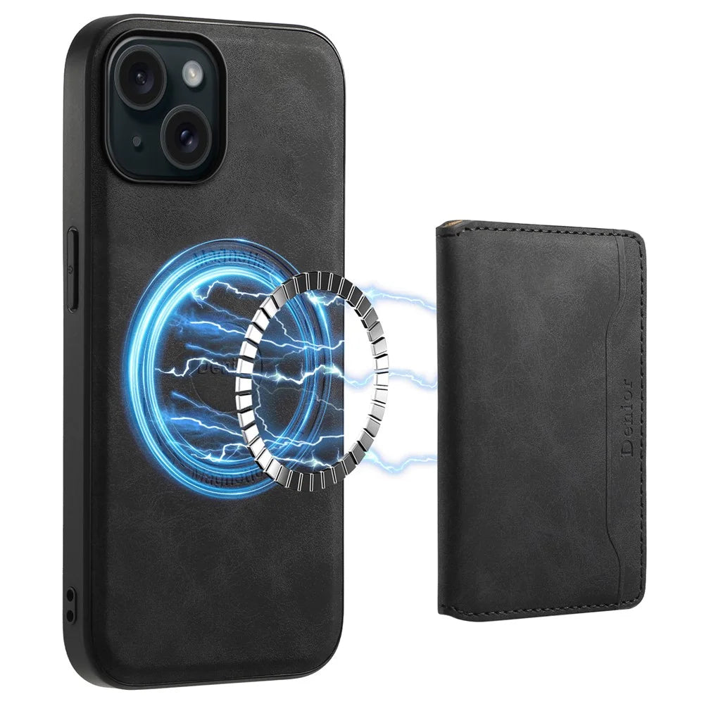 DENIOR D13 For iPhone 15 Plus Anti-Drop Magnetic Leather+TPU+PC Phone Cover with Card Bag - Black - 1