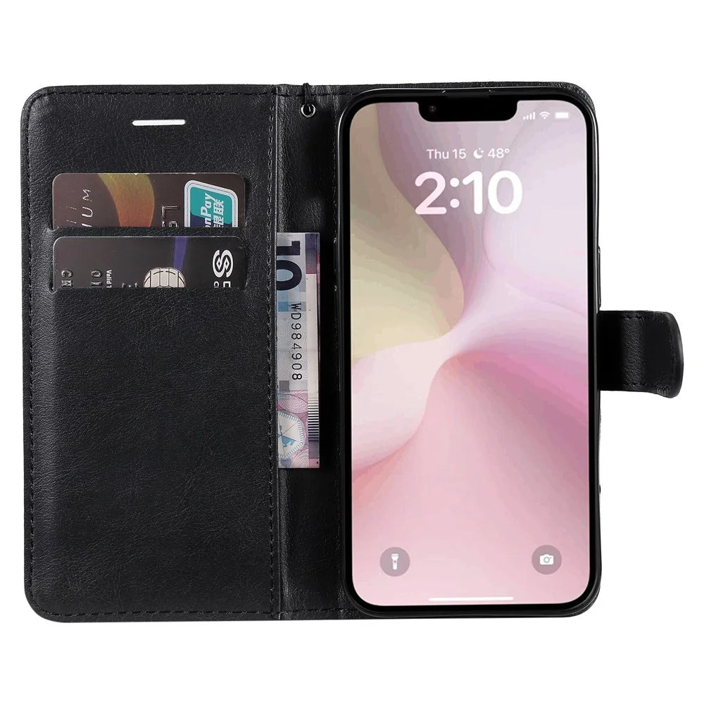 For iPhone 17e / 16e Case Solid Color Leather Mobile Cover Wallet Stand with Strap - Black - 2