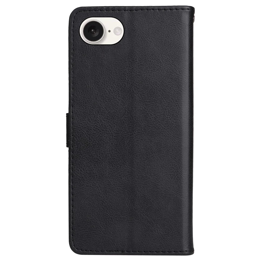 For iPhone 17e / 16e Case Solid Color Leather Mobile Cover Wallet Stand with Strap - Black - 7