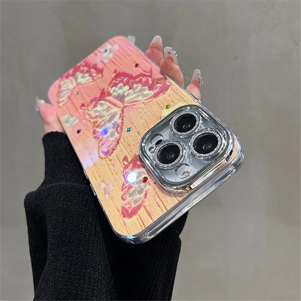 For iPhone 14 Pro Cover Oil Painting Butterfly PC+TPU IMD Phone Case with PC Lens Film - Pink - 2