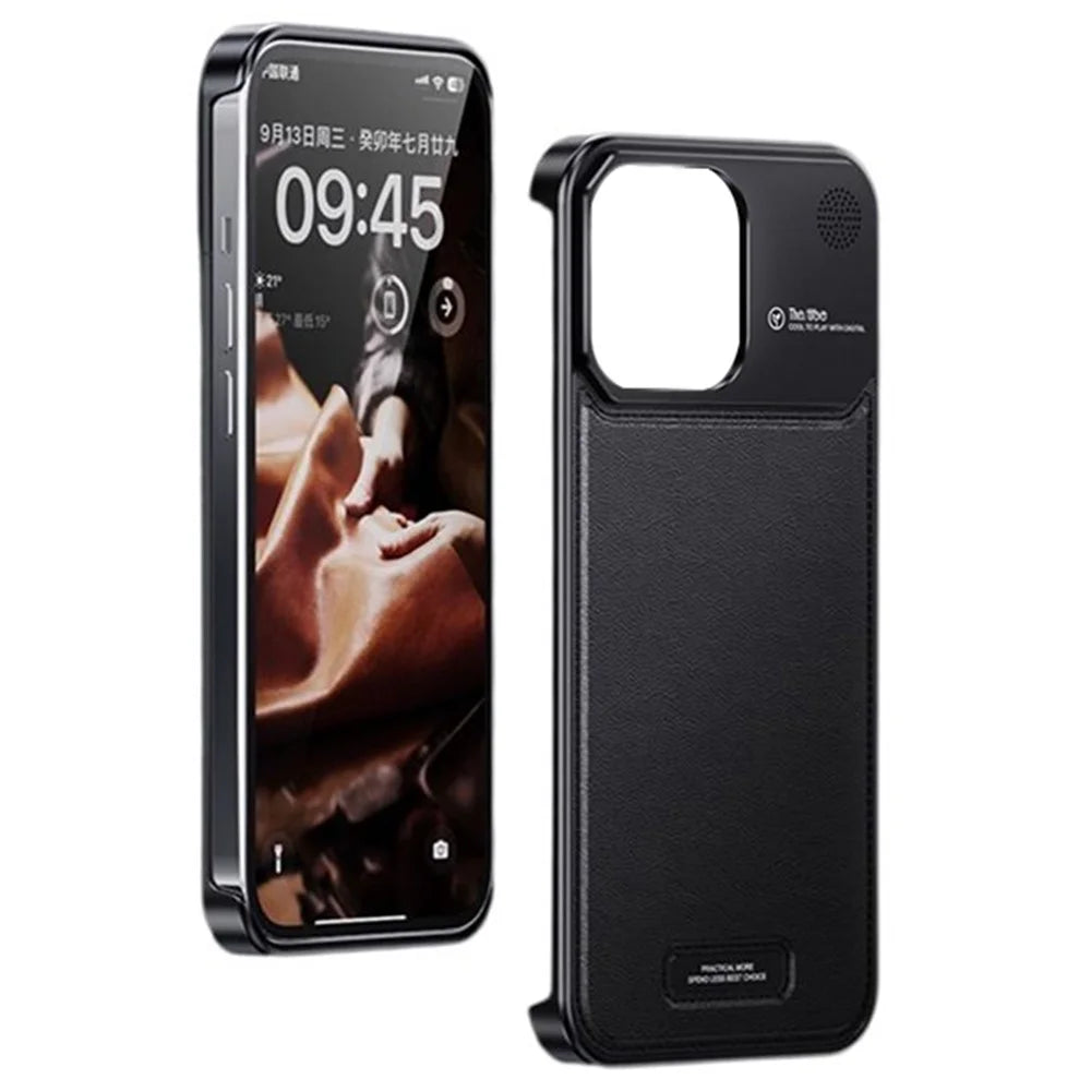 For iPhone 13 Pro Max Magnetic Case Leather+Aluminium Alloy Borderless Aromatherapy Phone Cover - Black - 1