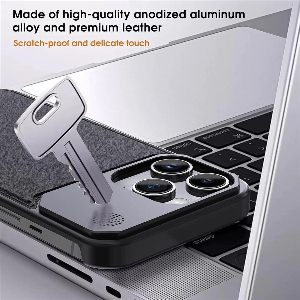 For iPhone 13 Pro Max Magnetic Case Leather+Aluminium Alloy Borderless Aromatherapy Phone Cover - Black - 7
