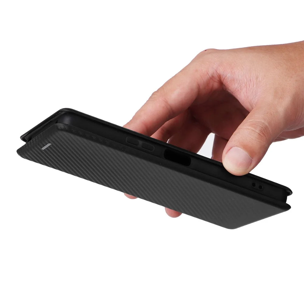For Sony Xperia 10 VI Case with Card Holder Carbon Fiber Texture Leather Phone Cover - Black - 6