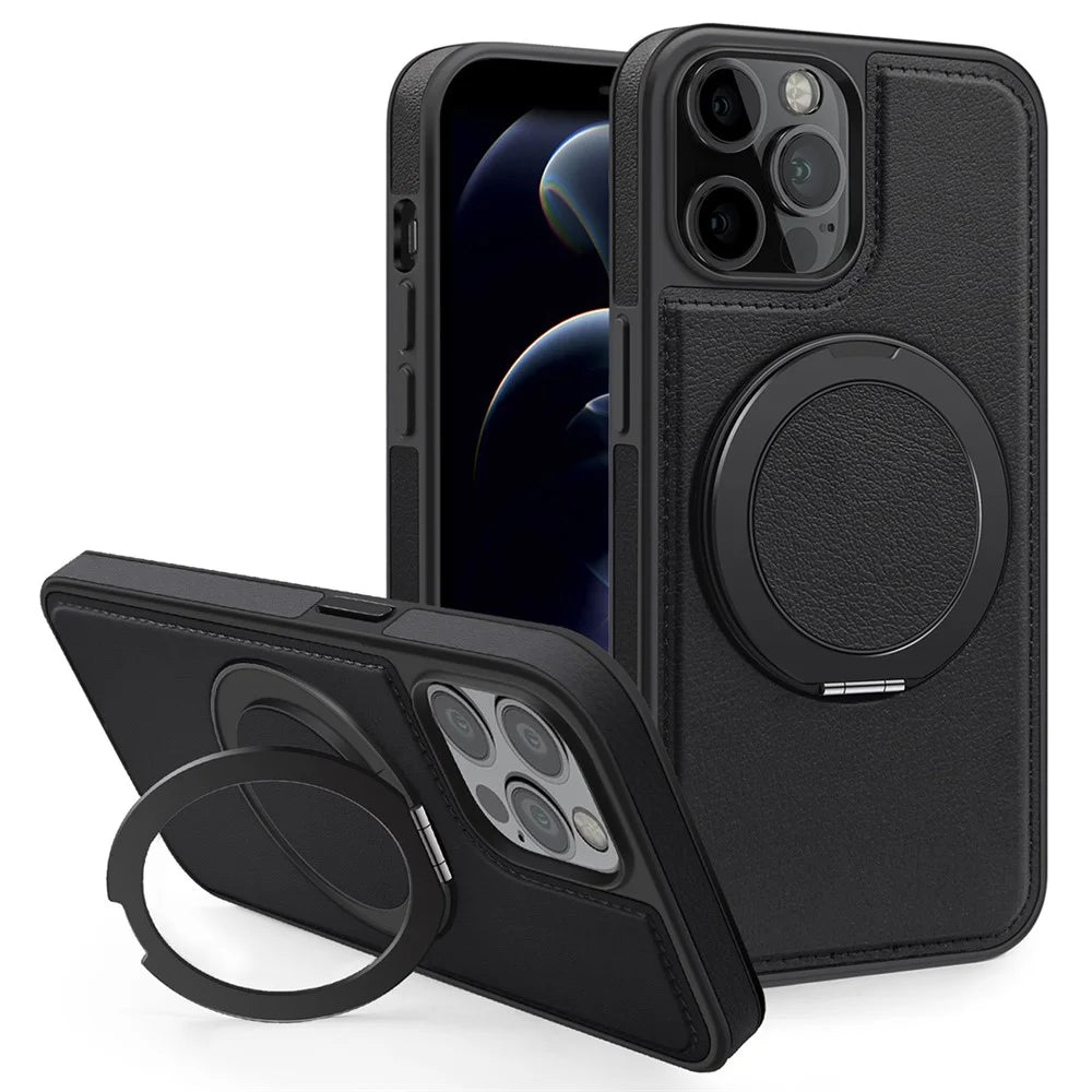 For iPhone 12 / 12 Pro Case with Ring Kickstand Compatible with MagSafe PU Leather Back Cover - Black - 1