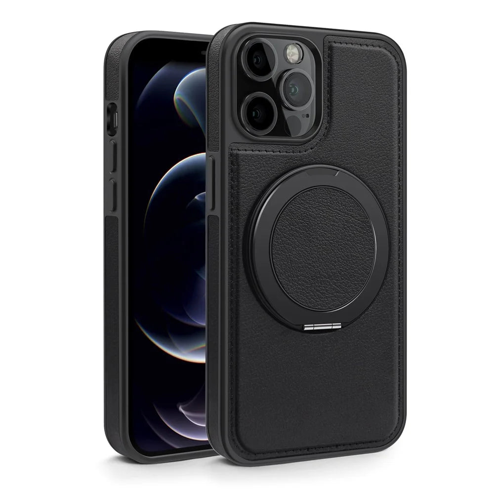For iPhone 12 / 12 Pro Case with Ring Kickstand Compatible with MagSafe PU Leather Back Cover - Black - 2