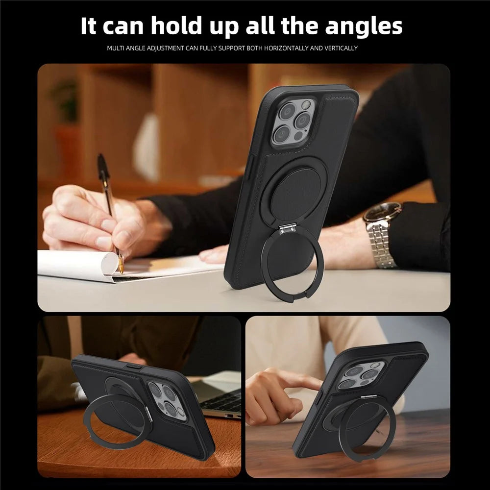 For iPhone 12 / 12 Pro Case with Ring Kickstand Compatible with MagSafe PU Leather Back Cover - Black - 6