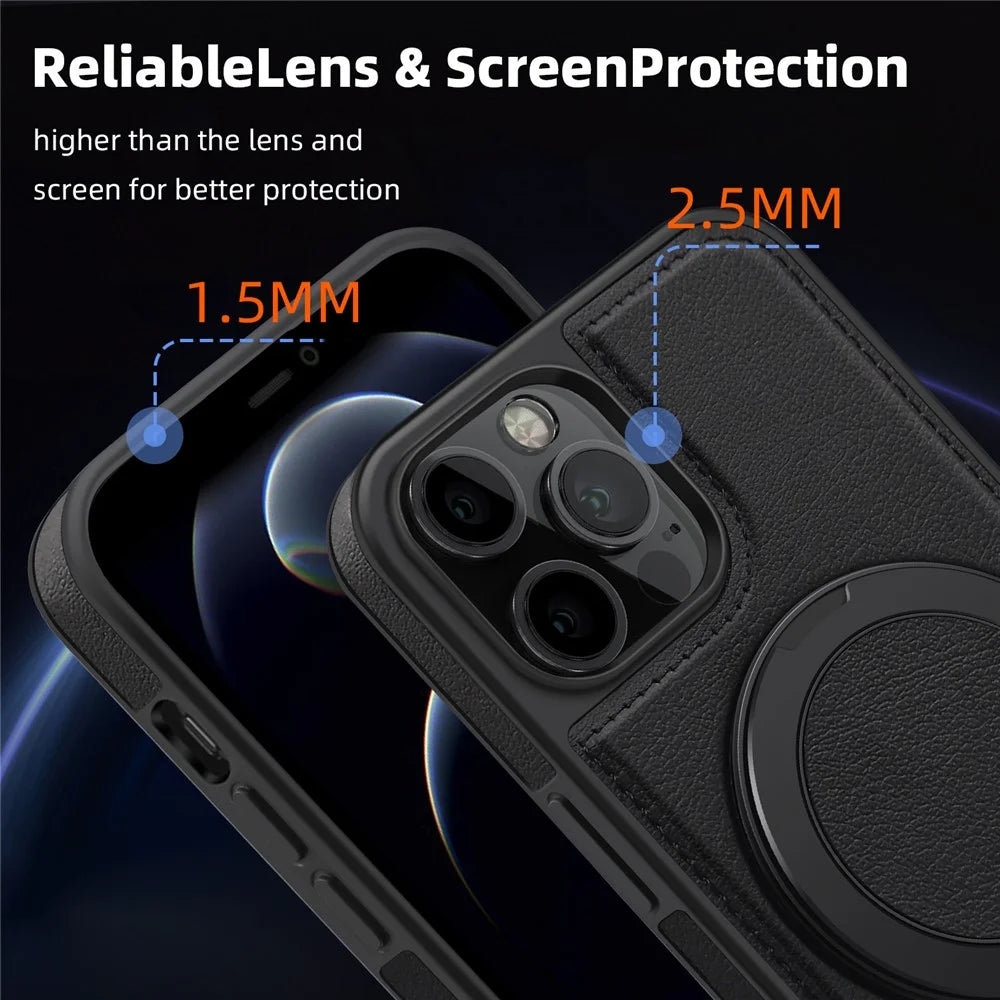 For iPhone 12 / 12 Pro Case with Ring Kickstand Compatible with MagSafe PU Leather Back Cover - Black - 7