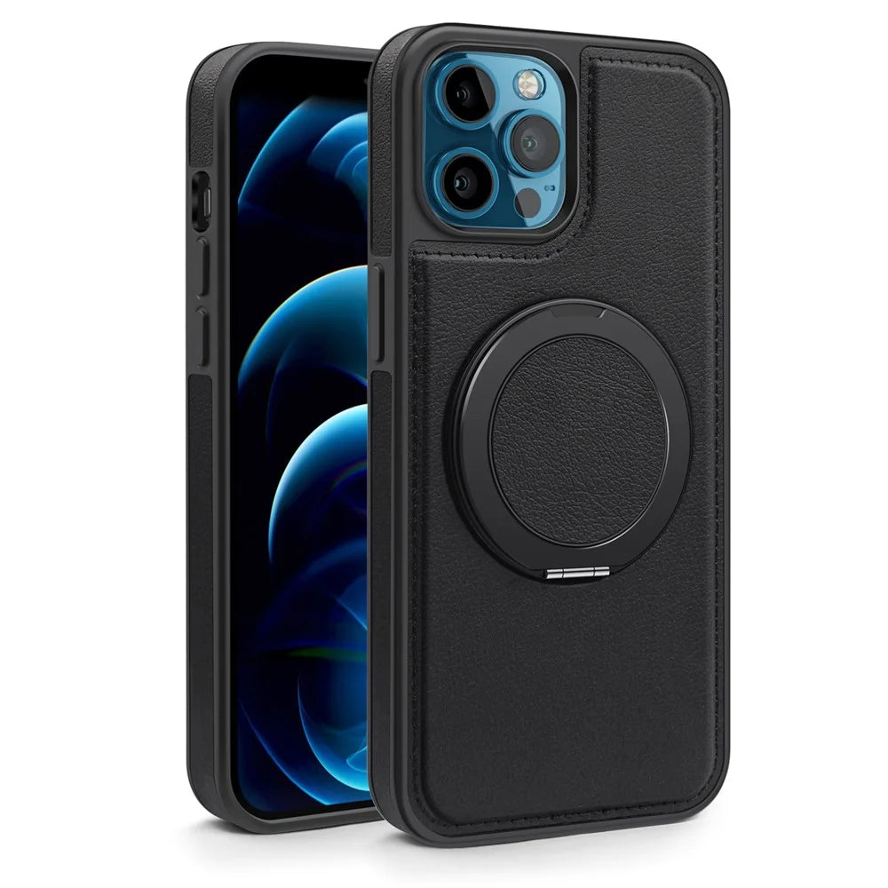 For iPhone 12 Pro Max Case with Ring Kickstand Compatible with MagSafe PU Leather Back Cover - Black - 2