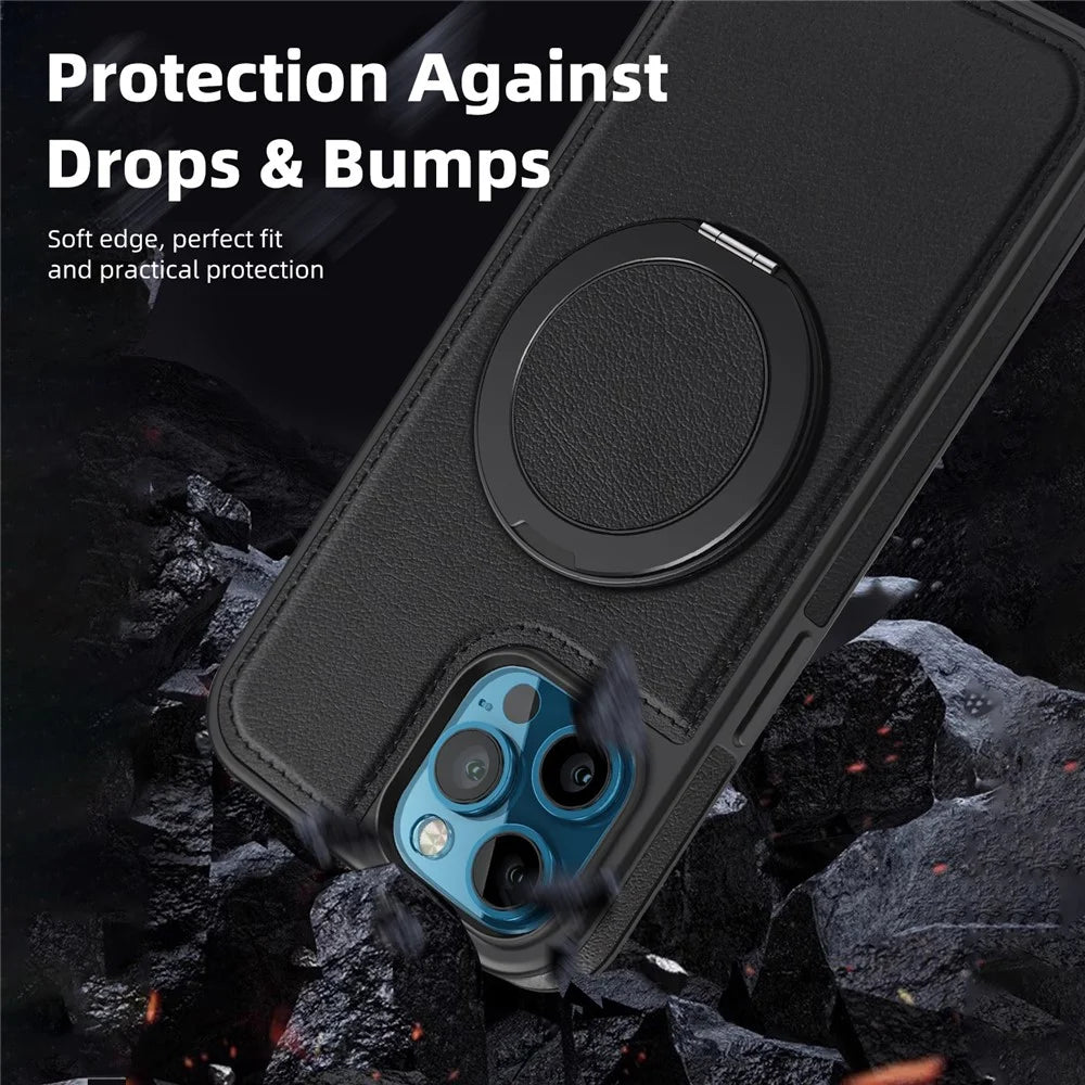 For iPhone 12 Pro Max Case with Ring Kickstand Compatible with MagSafe PU Leather Back Cover - Black - 5