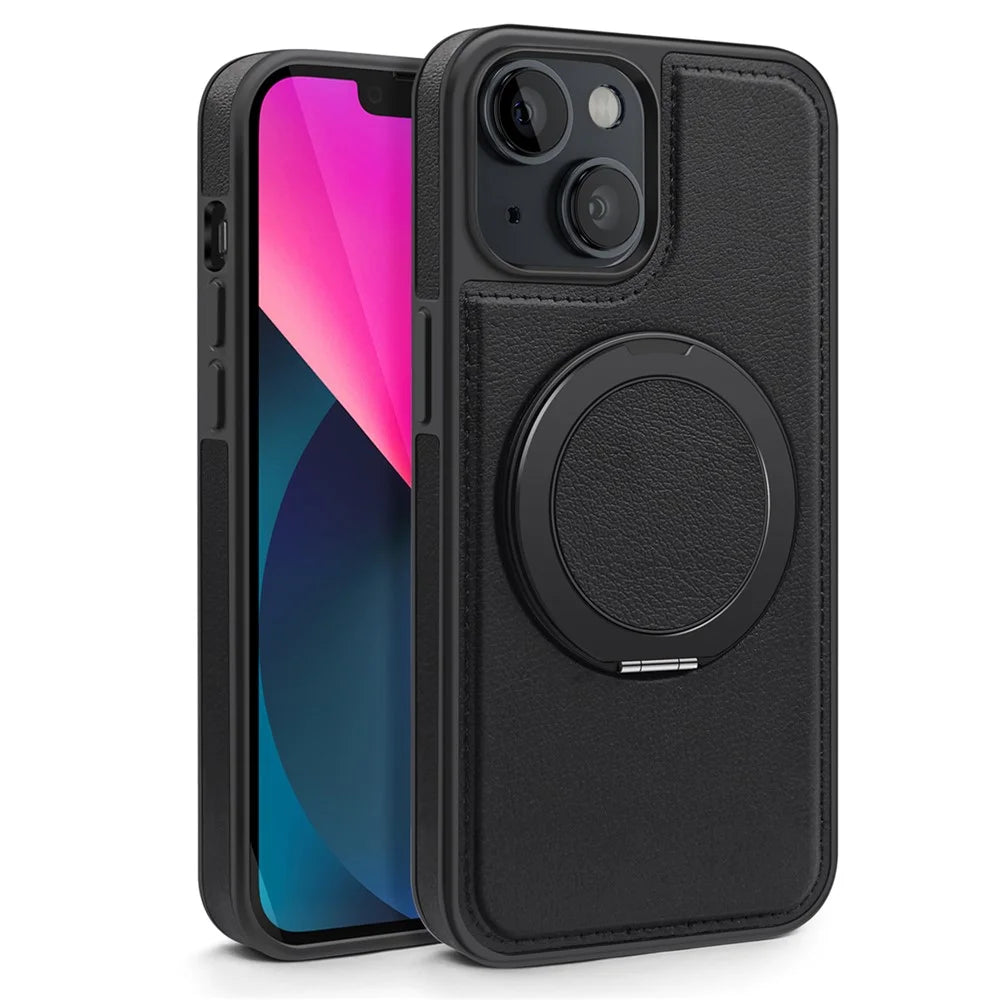 For iPhone 13 Case with Ring Kickstand Compatible with MagSafe PU Leather Back Cover - Black - 2