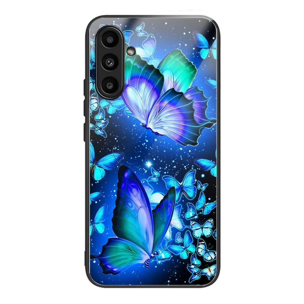 For Samsung Galaxy S24+ Case Pattern Printing TPU+Tempered Glass Hybrid Phone Cover - Blue Butterflies - 1