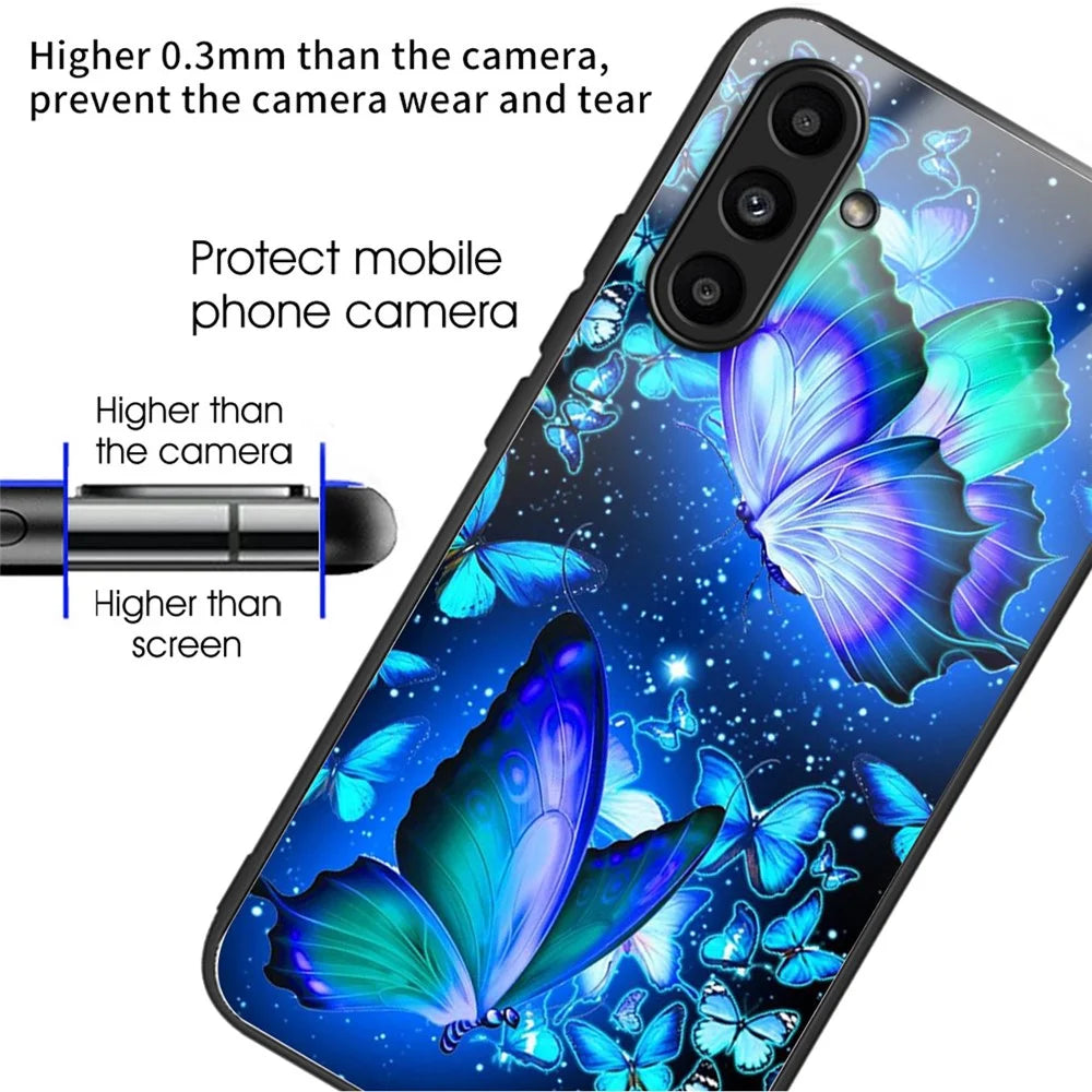 For Samsung Galaxy S24+ Case Pattern Printing TPU+Tempered Glass Hybrid Phone Cover - Blue Butterflies - 2