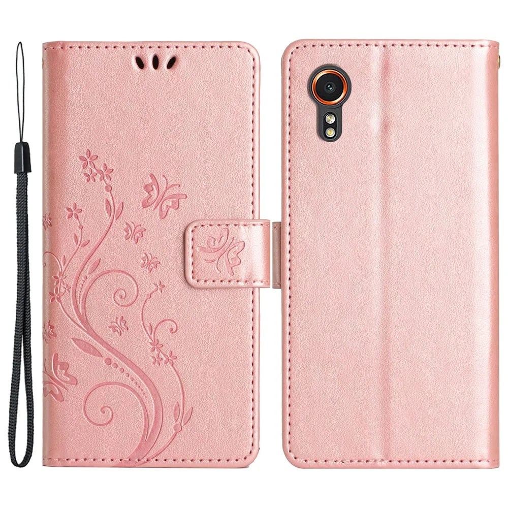 For Samsung Galaxy Xcover7 Case Leather Wallet Stand Phone Cover Butterfly Pattern - Rose Gold - 1