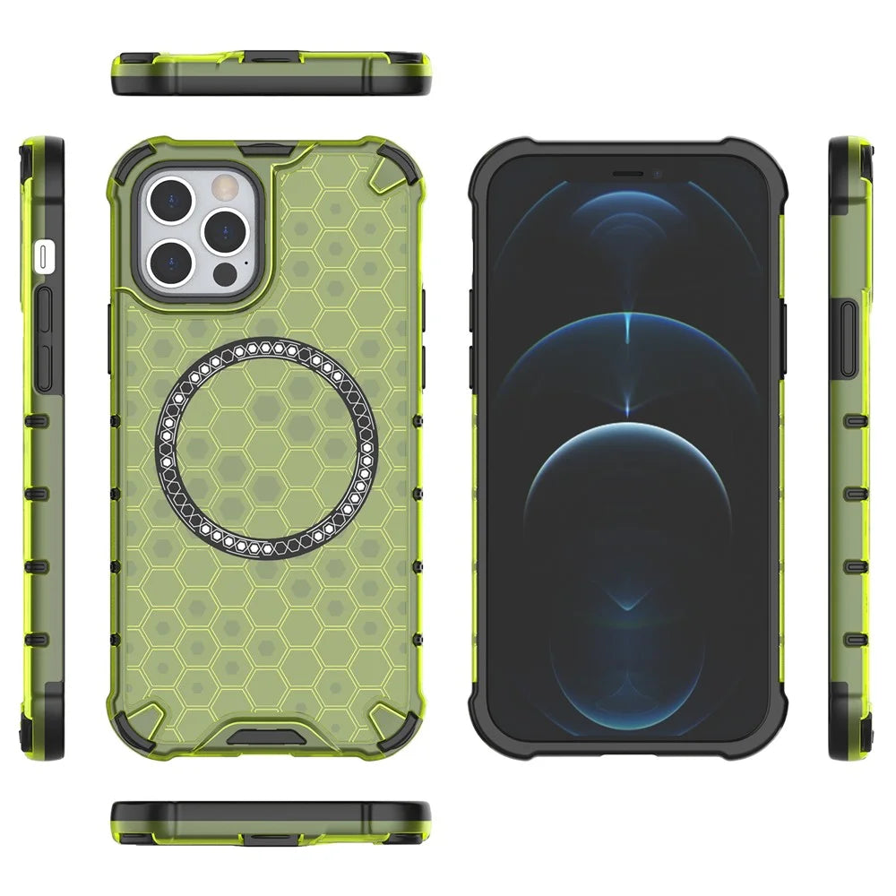 For iPhone 12 / 12 Pro Magnetic Case Honeycomb Anti-Drop TPU+PC Phone Cover - Green - 5