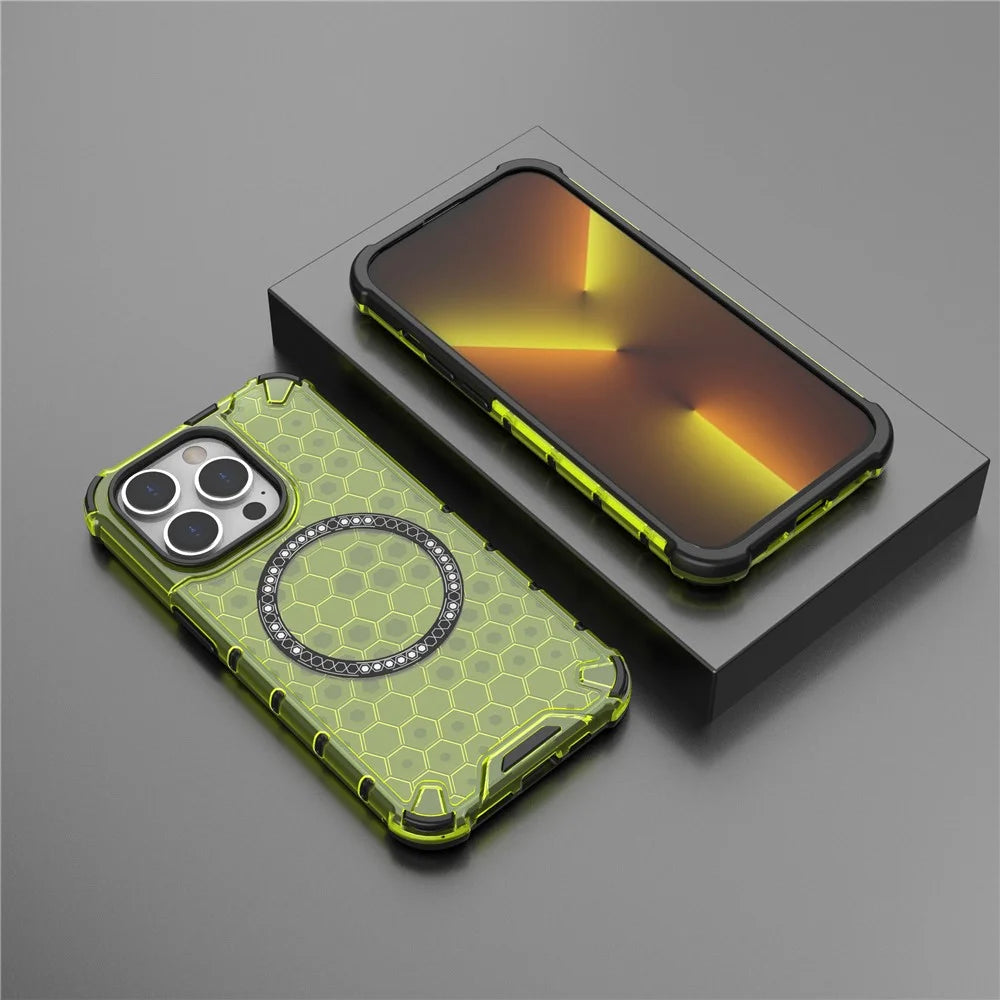 For iPhone 14 Pro Magnetic Phone Case Honeycomb Design TPU+PC Back Cover - Green - 6