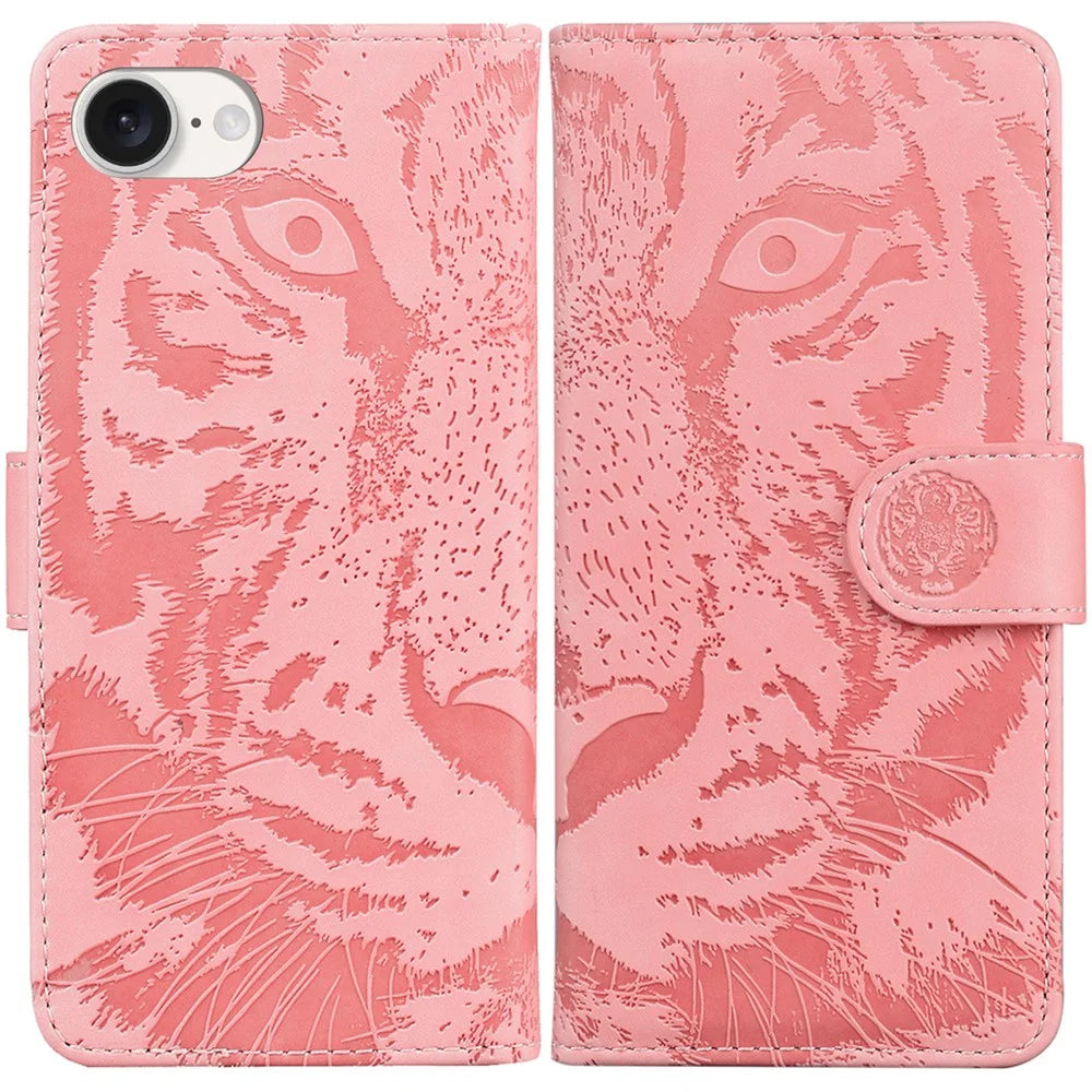 For iPhone 17e / 16e Case Wallet Style Tiger Pattern PU Leather Phone Cover - Pink - 1