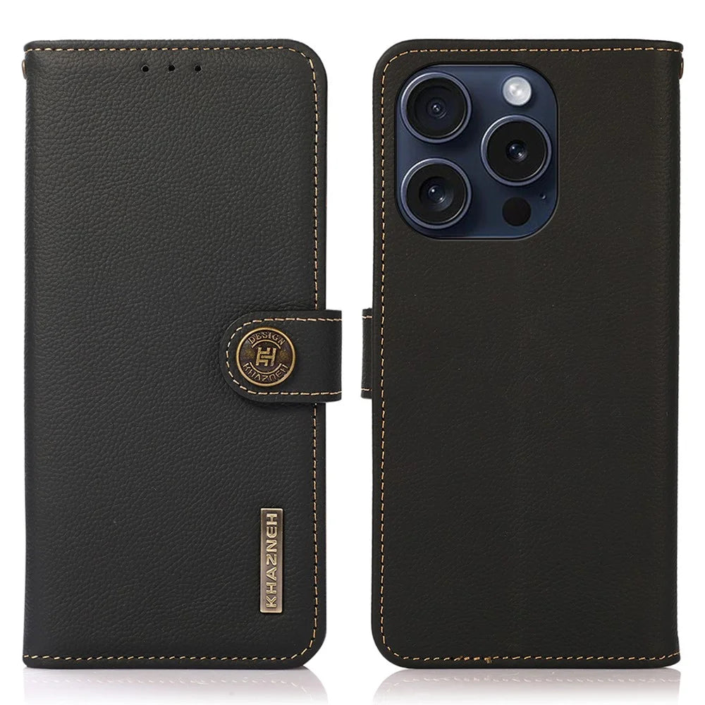 KHAZNEH For iPhone 16 Pro Max Wallet Case RFID Blocking Genuine Cow Leather Phone Cover - Black - 1