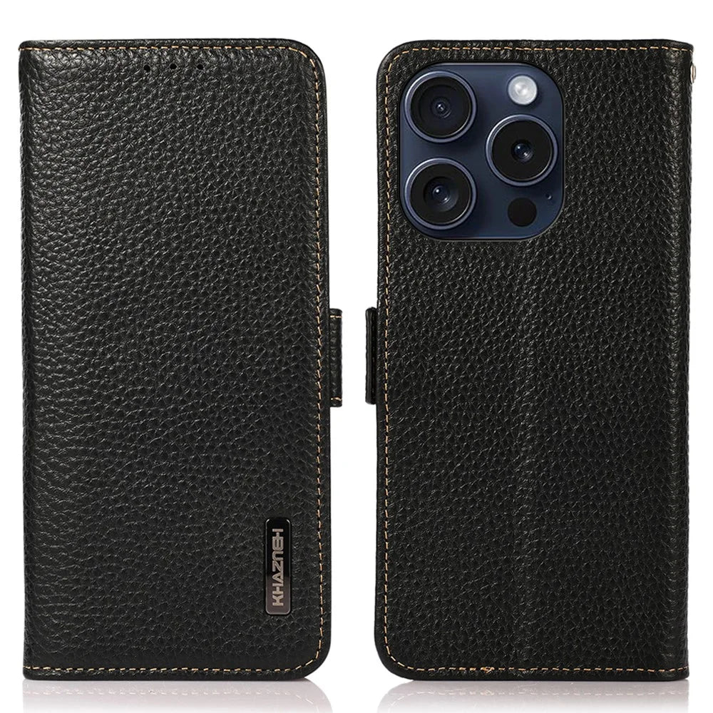 KHAZNEH For iPhone 16 Pro Case RFID Blocking Genuine Cow Leather Wallet Phone Cover - Black - 1