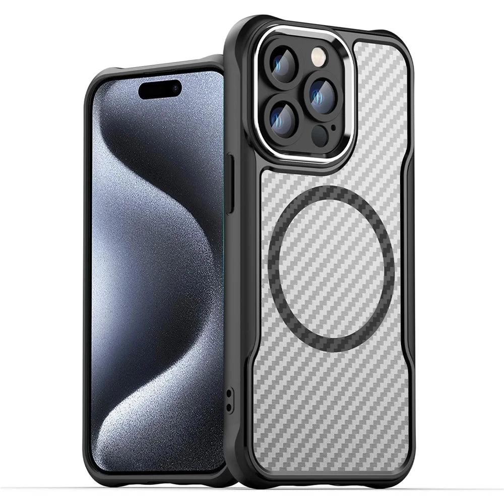 For iPhone 15 Pro Max Magnetic Case Smooth Carbon Fiber TPU+PC Translucent Phone Cover - Black - 1