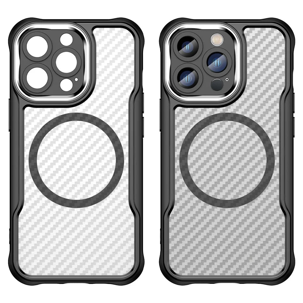 For iPhone 15 Pro Max Magnetic Case Smooth Carbon Fiber TPU+PC Translucent Phone Cover - Black - 2