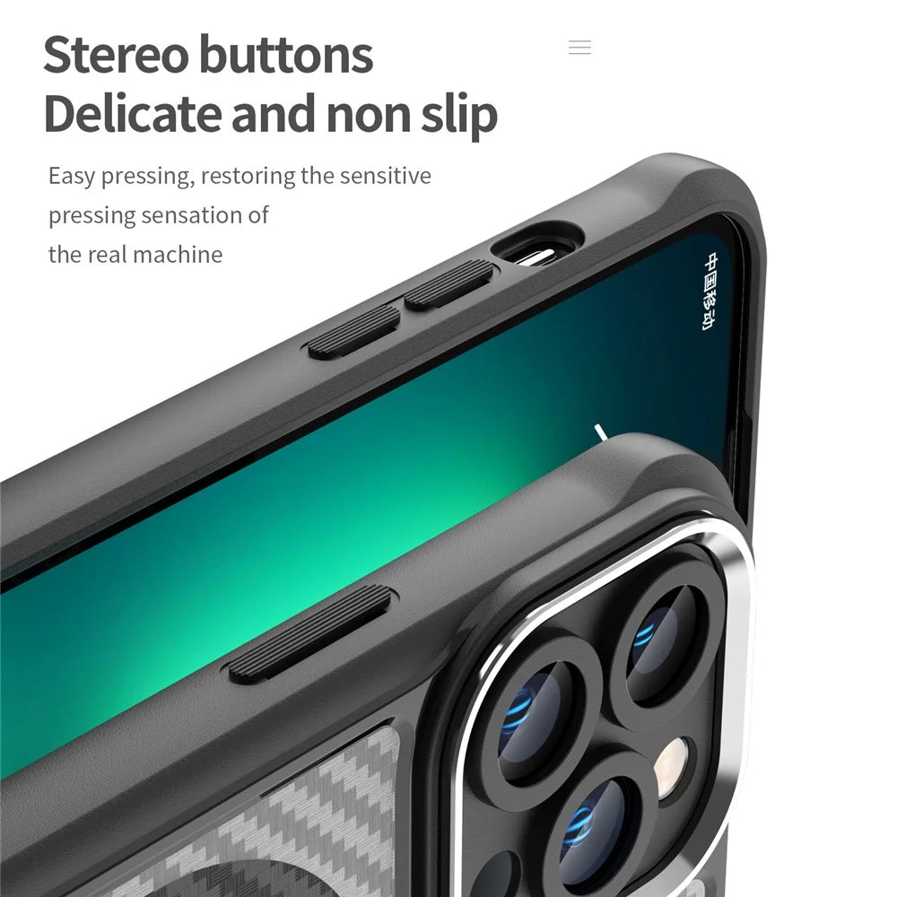 For iPhone 15 Pro Max Magnetic Case Smooth Carbon Fiber TPU+PC Translucent Phone Cover - Black - 3