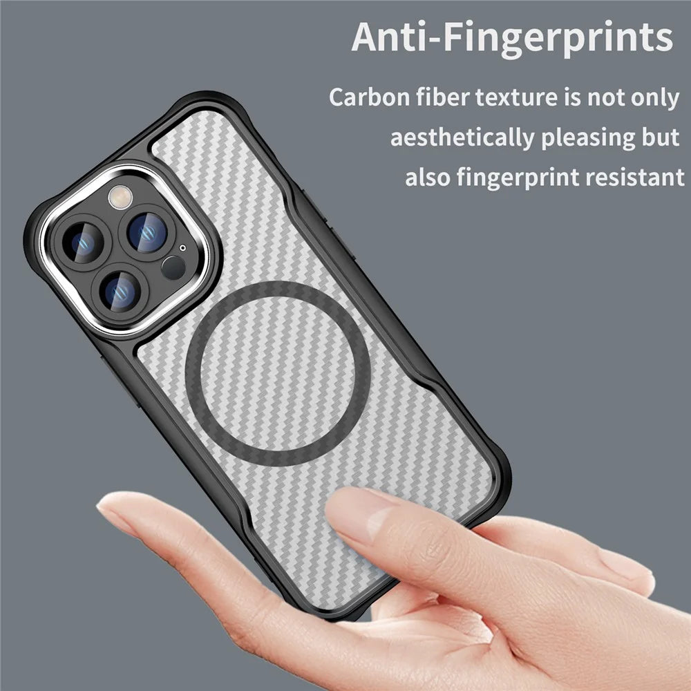 For iPhone 15 Pro Max Magnetic Case Smooth Carbon Fiber TPU+PC Translucent Phone Cover - Black - 5
