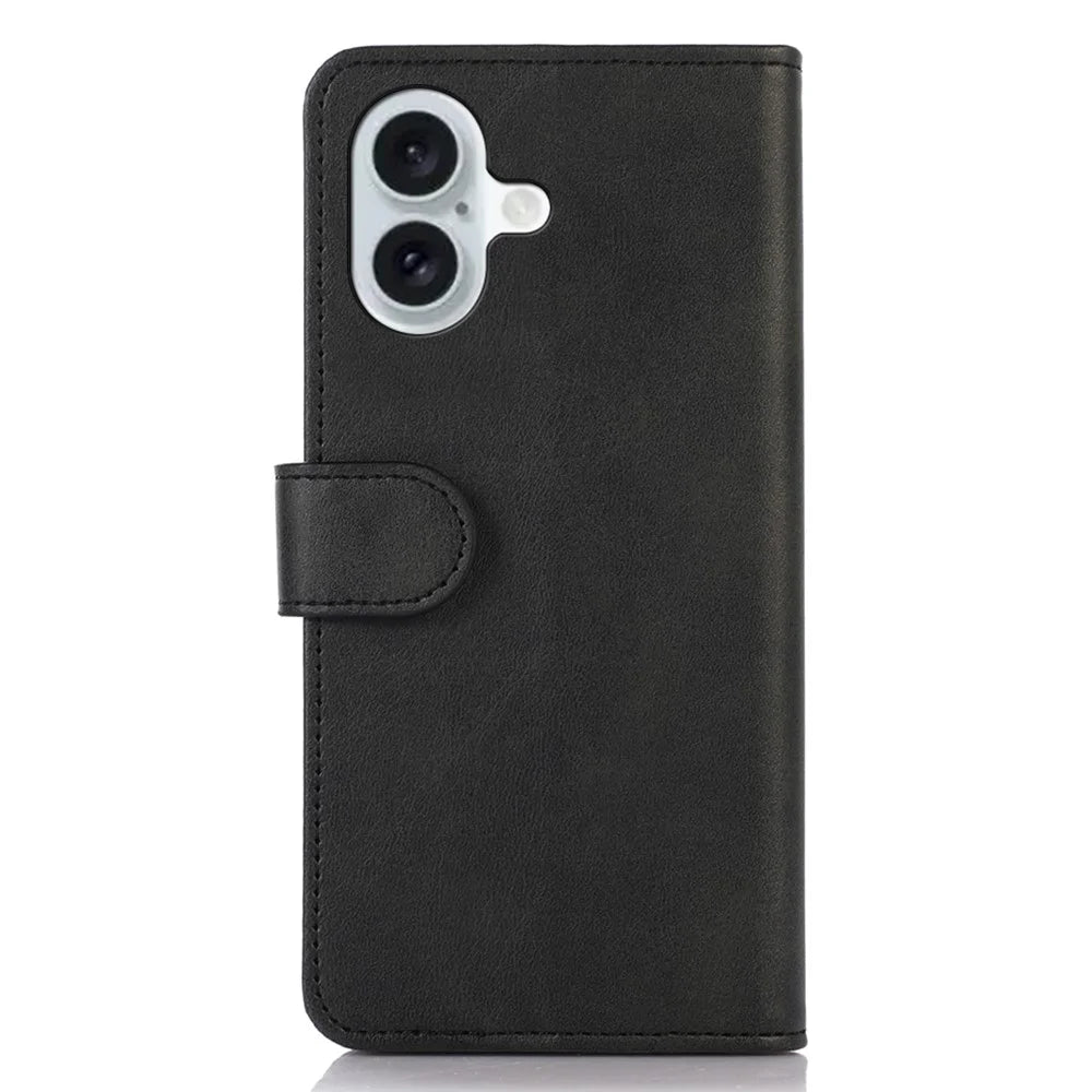 For iPhone 16 Case Cowhide Texture Leather Wallet Phone Cover with Magnetic Clasp - Black - 7