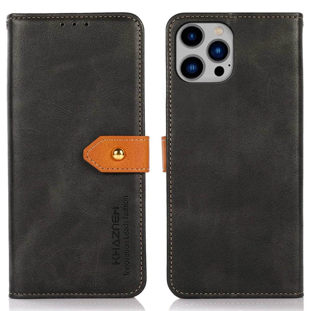 KHAZNEH For iPhone 16 Pro Max Case PU Leather Wallet Mobile Phone Cover - Black - 1