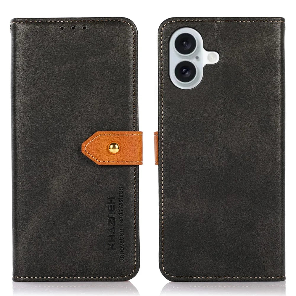 KHAZNEH For iPhone 16 Plus Case PU Leather Wallet Cover with Golden Magnetic Clasp - Black - 1