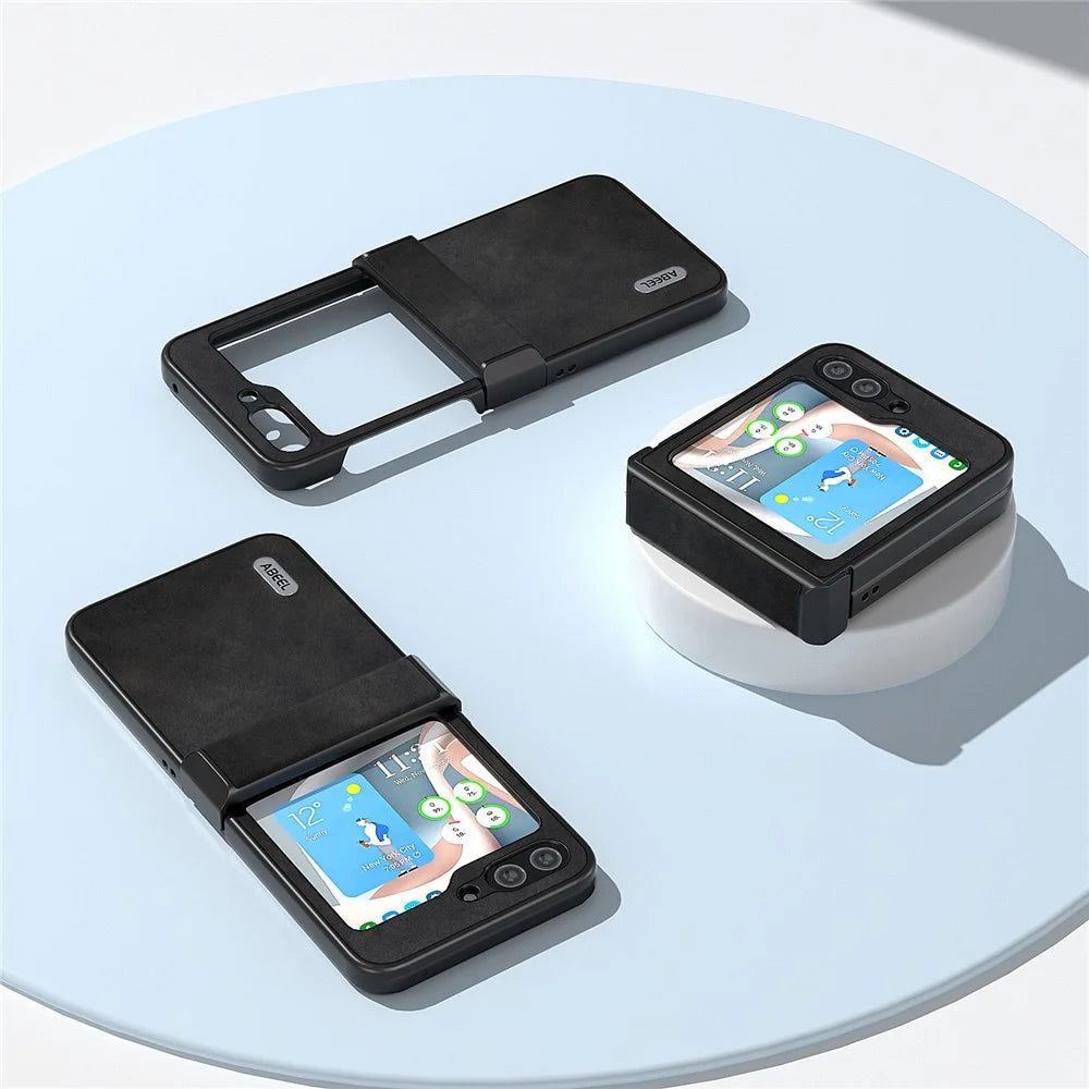 ABEEL For Samsung Galaxy Z Flip7 FE 5G / Z Flip6 5G Phone Case Anti-Scratch PU+PC Hinge Protection Cover - Black - 7