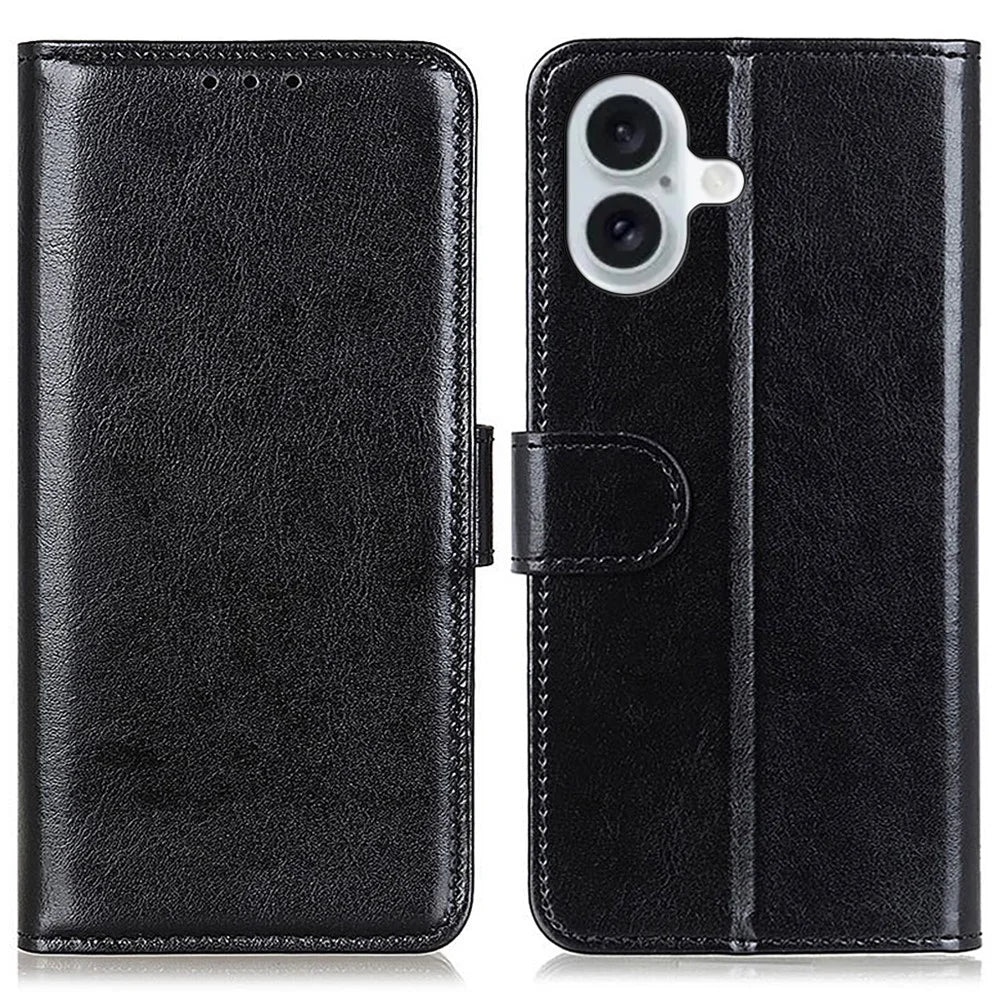 For iPhone 16 Case Crazy Horse Texture PU Leather Wallet Phone Cover - Black - 1